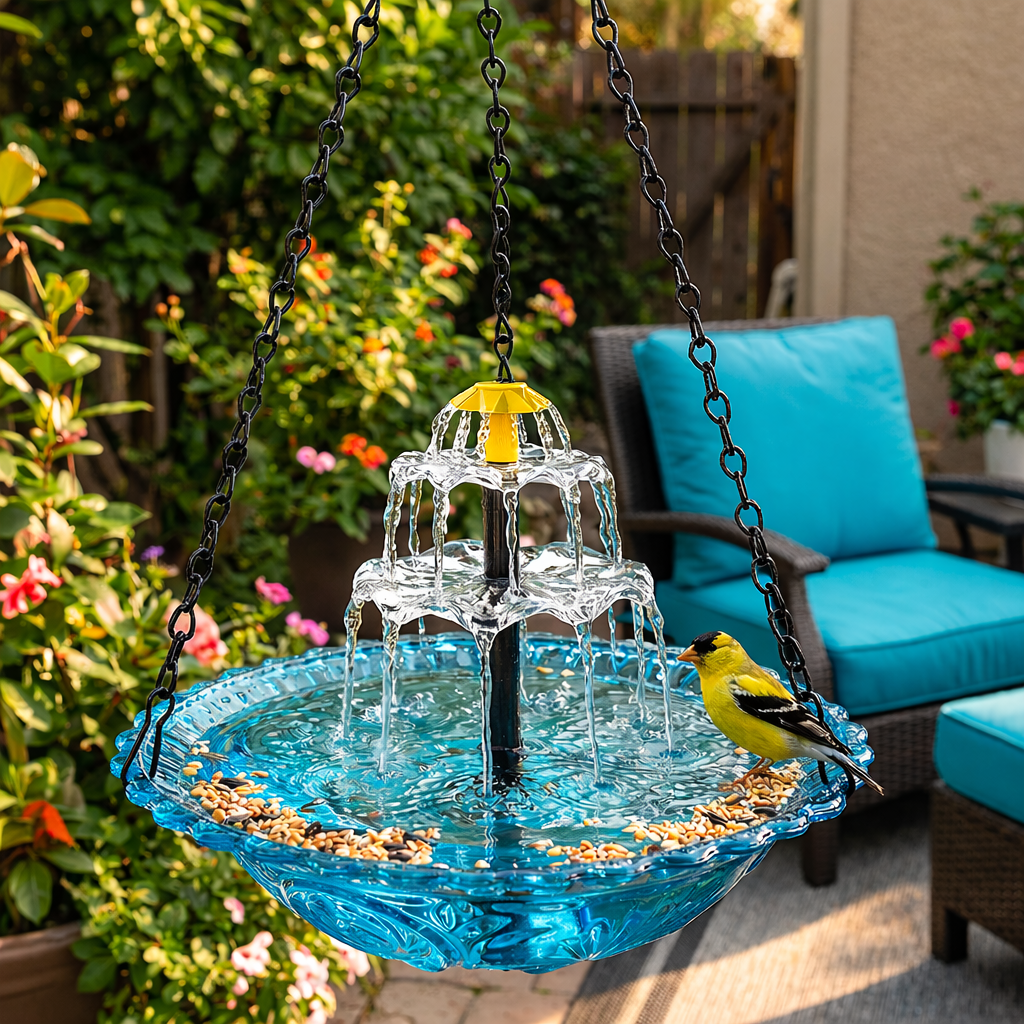Hangende Vogelbadwaterfontein op Zonne-energie Tweeniveaus Glas Metaal voor Tuin Terras Balkon