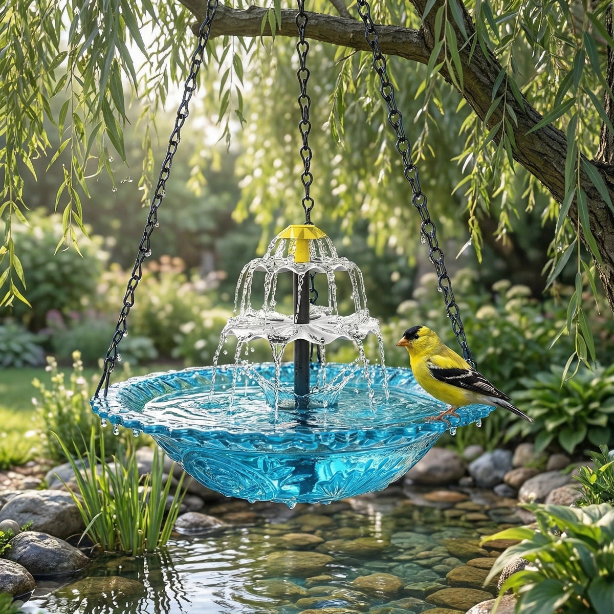 Hangende Zonnefontein met Twee-traps Waterval en Glazen Schaal