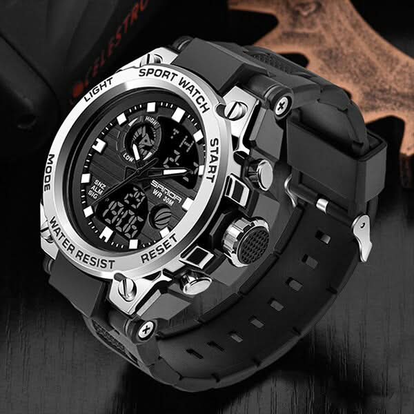 Heren Horloge Zwart met Analoog-Digitaal Display en Multifunctionele Functies - Militaire Stijl met RVS Kast en Siliconen Band