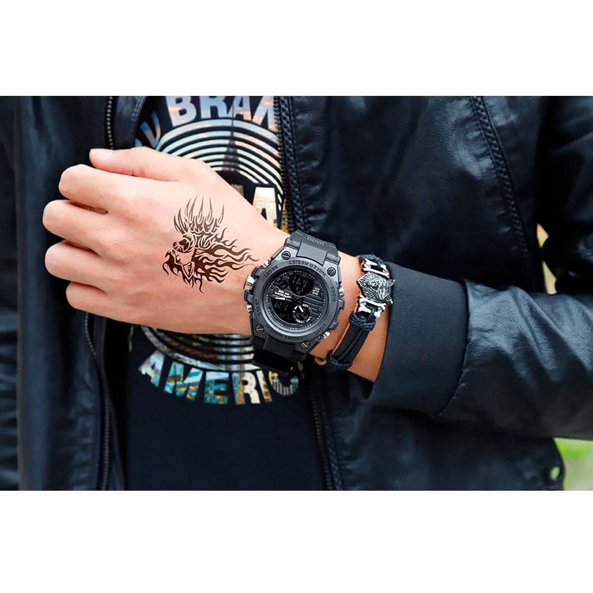 Heren Horloge Zwart met Analoog-Digitaal Display en Multifunctionele Functies - Militaire Stijl met RVS Kast en Siliconen Band