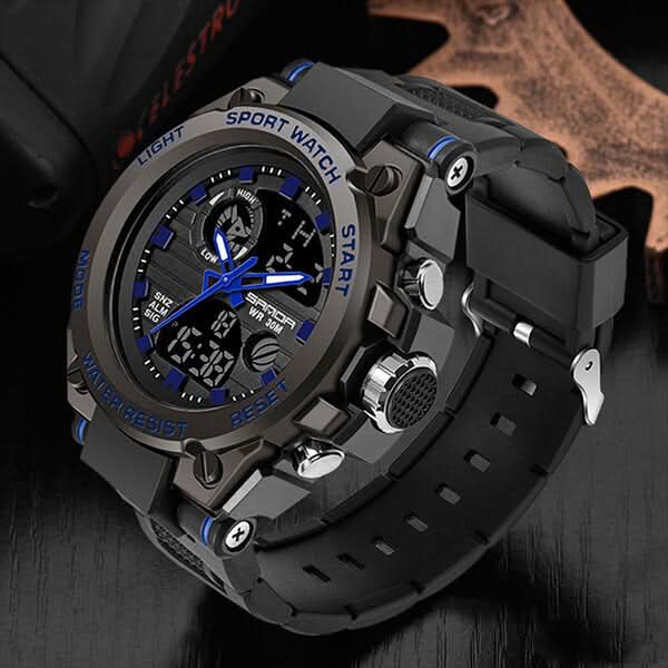 Heren Horloge Zwart met Analoog-Digitaal Display en Multifunctionele Functies - Militaire Stijl met RVS Kast en Siliconen Band