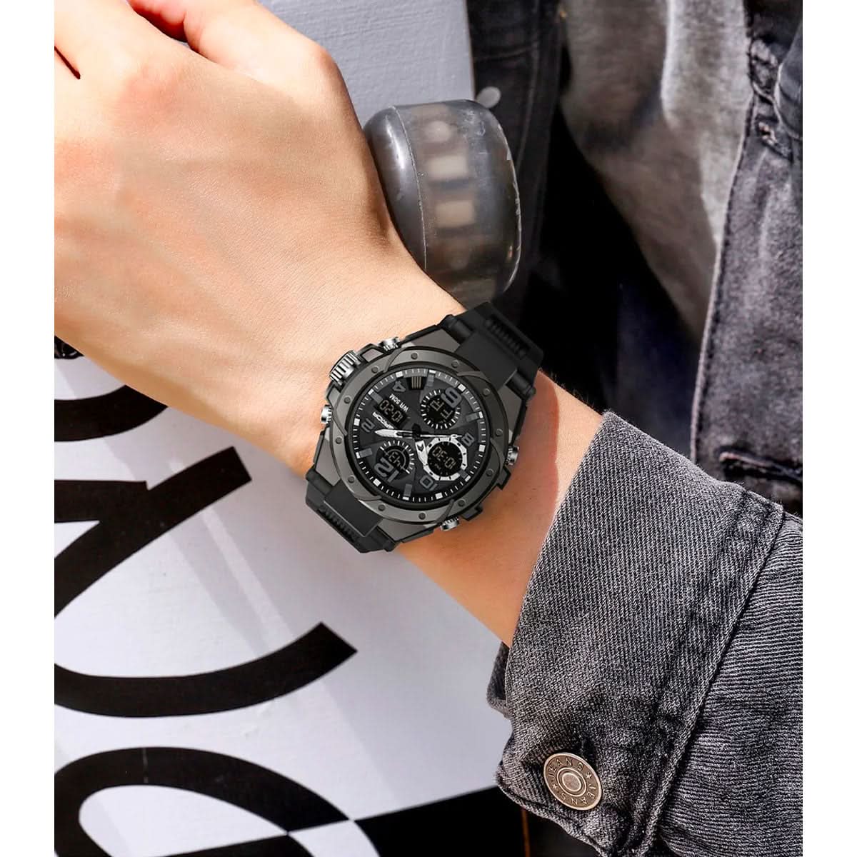 Heren Horloge Zwart met Analoog-Digitaal Display en Multifunctionele Functies - Militaire Stijl met RVS Kast en Siliconen Band