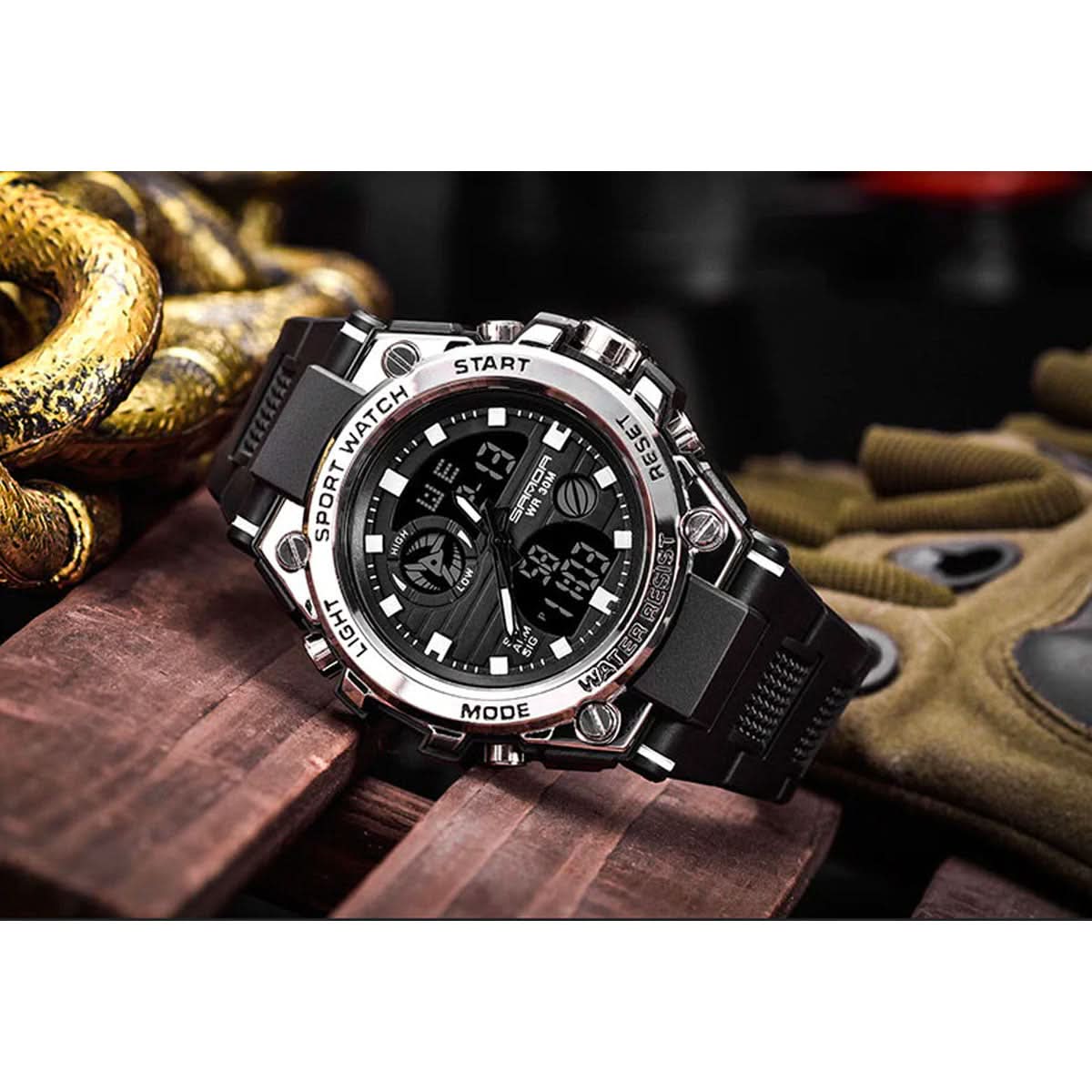 Heren Horloge Zwart met Analoog-Digitaal Display en Multifunctionele Functies - Militaire Stijl met RVS Kast en Siliconen Band
