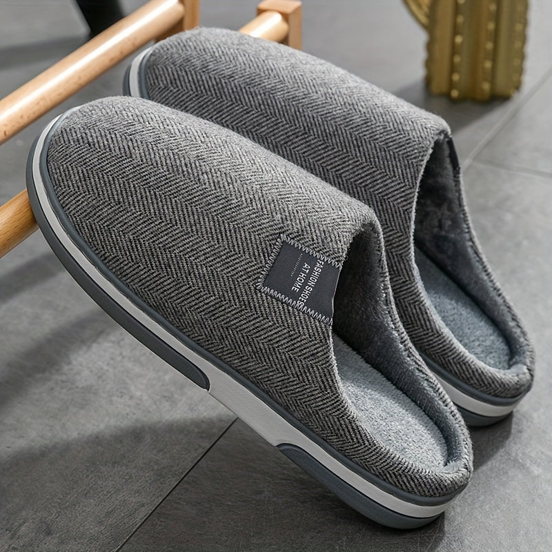 Heren Pantoffels met Visgraatpatroon Warme Pluche Voering Antislip Zool Comfortabel Thuisschoeisel Winter
