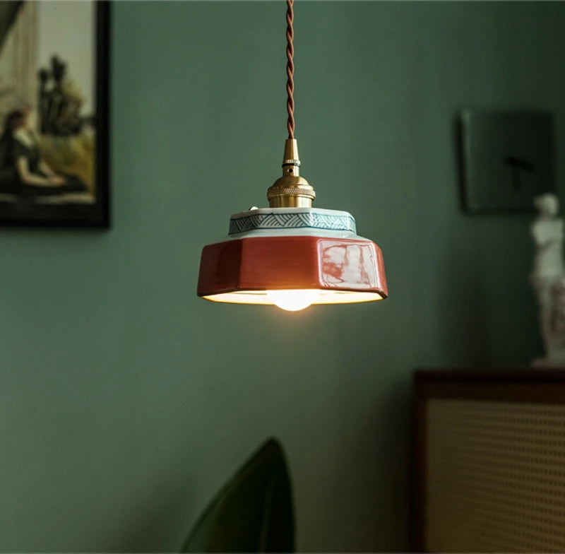 Handgeschilderde Keramische Hanglamp - Scandinavische Stijl met Koperen Fitting