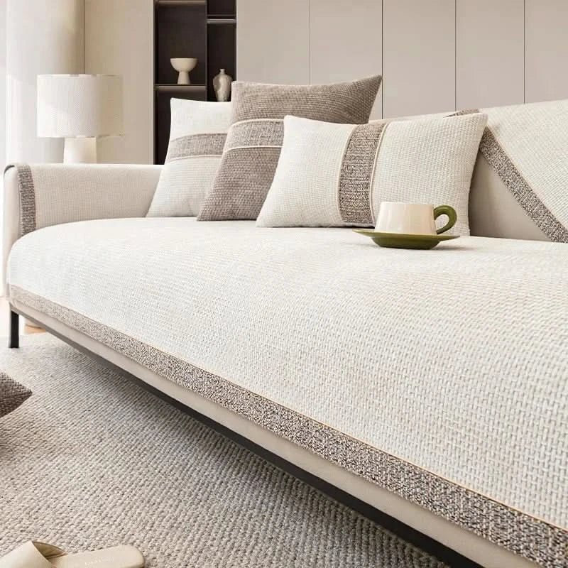 Bankbeschermer 3-Zits 110x240 cm Linnenlook Antislip Onderzijde Machinewasbaar Wit Beige