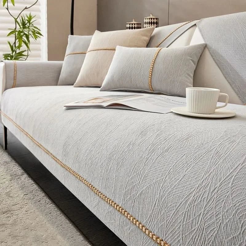 Bankbeschermer 3-Zits 110x240 cm Linnenlook Antislip Onderzijde Machinewasbaar Wit Beige