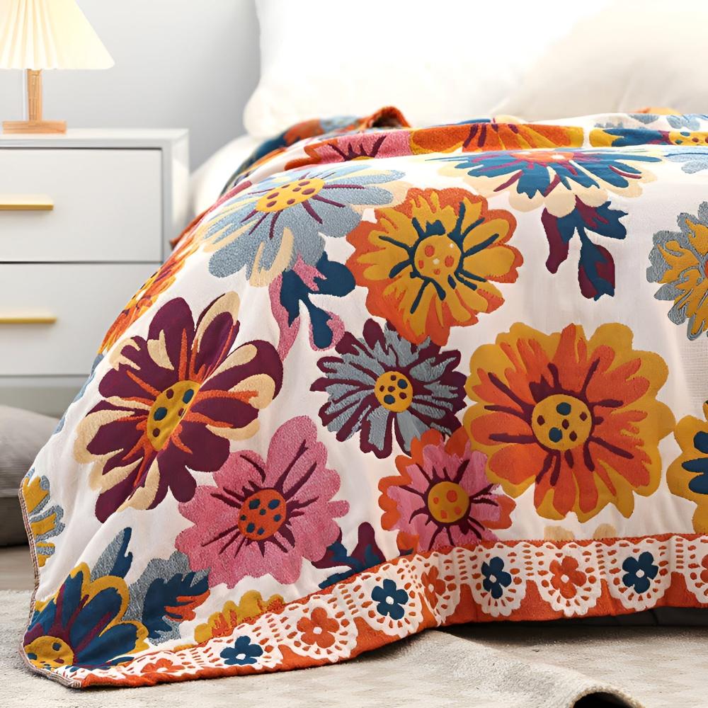 Katoenen Plaid met Kleurrijk Bloemdesign - Zacht & Omkeerbaar - Multifunctioneel voor Bank of Bed