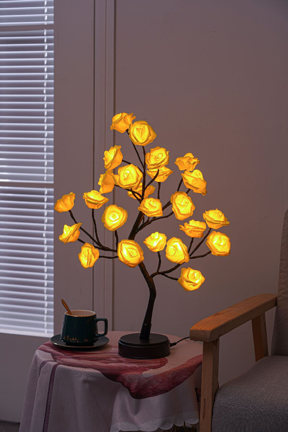 LED Bloesemtaklamp met 24 Bloemen Warm Wit 40cm - Decoratieve Sfeerverlichting Interieur Kunstbloemen op Batterij USB Tafellamp