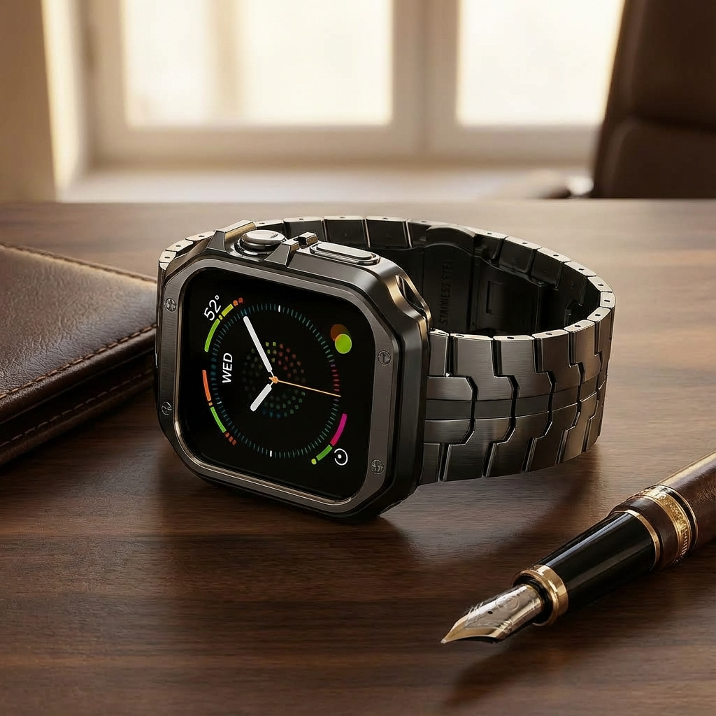 Metalen Horlogeband met Beschermhoes Vlindersluiting Titanium Look Schakelarmband voor Smartwatch Elegant