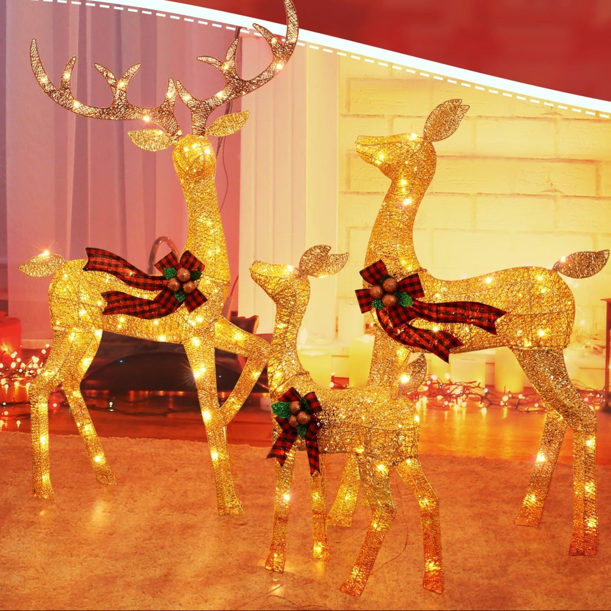 Verlichte Rendierenfamilie LED Tuindecoratie Set Waterdicht Kerst Buitenverlichting 3-delig Warm Wit