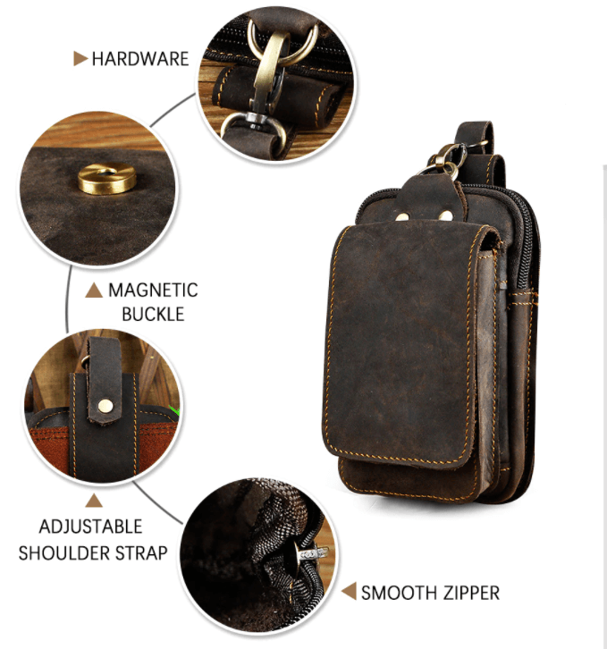 Leren Heuptas Heren Rundleder Verstelbare Riem Magnetische Sluiting Telefoon Portemonnee Sleutels Praktisch