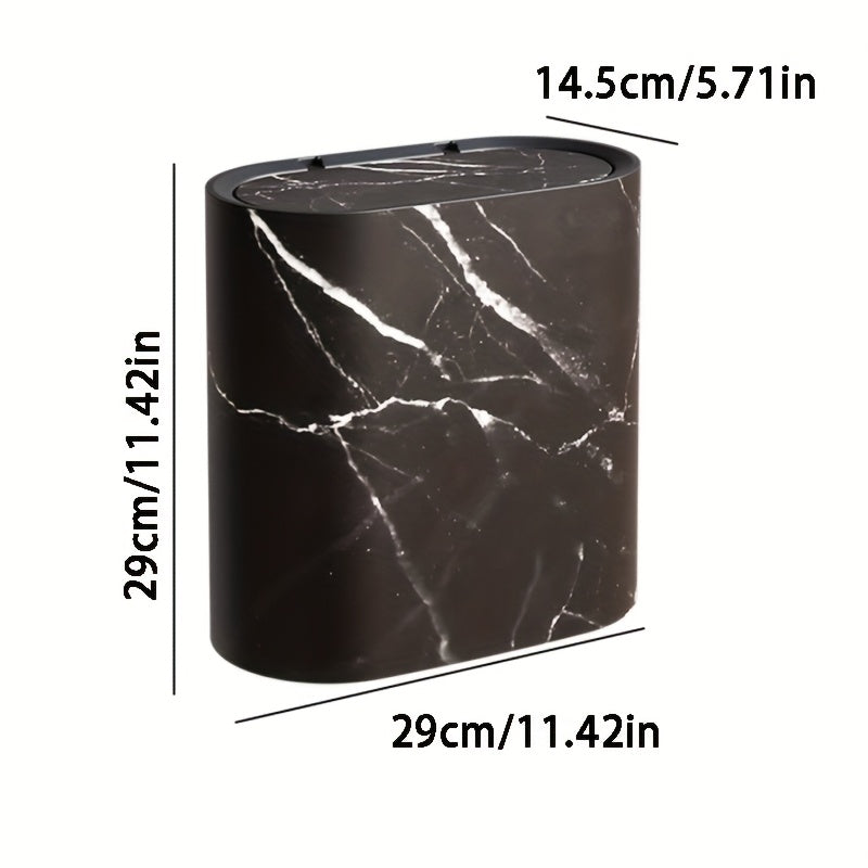 Smalle Prullenbak Toilet 29x29x14,5 cm Ovaal met Deksel Marmerlook Zwart Wit Hout