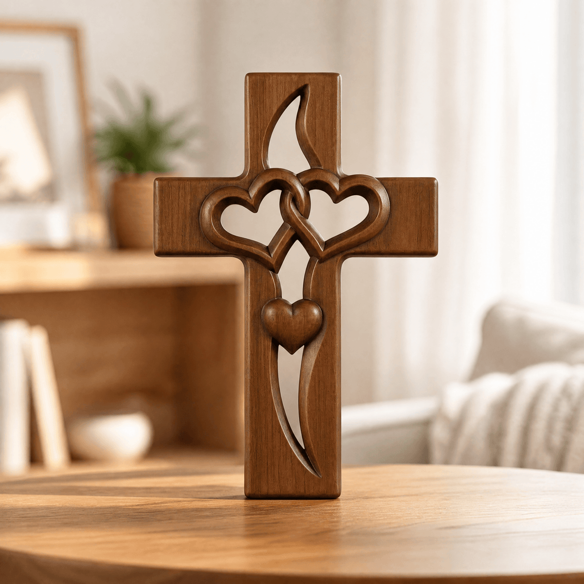 Hartvormig Kruis Wanddecoratie Hout - Handgemaakte Religieuze Wandversiering met Vervlochten Harten - Geloof & Liefde Symbool voor Entree Slaapkamer Woonkamer