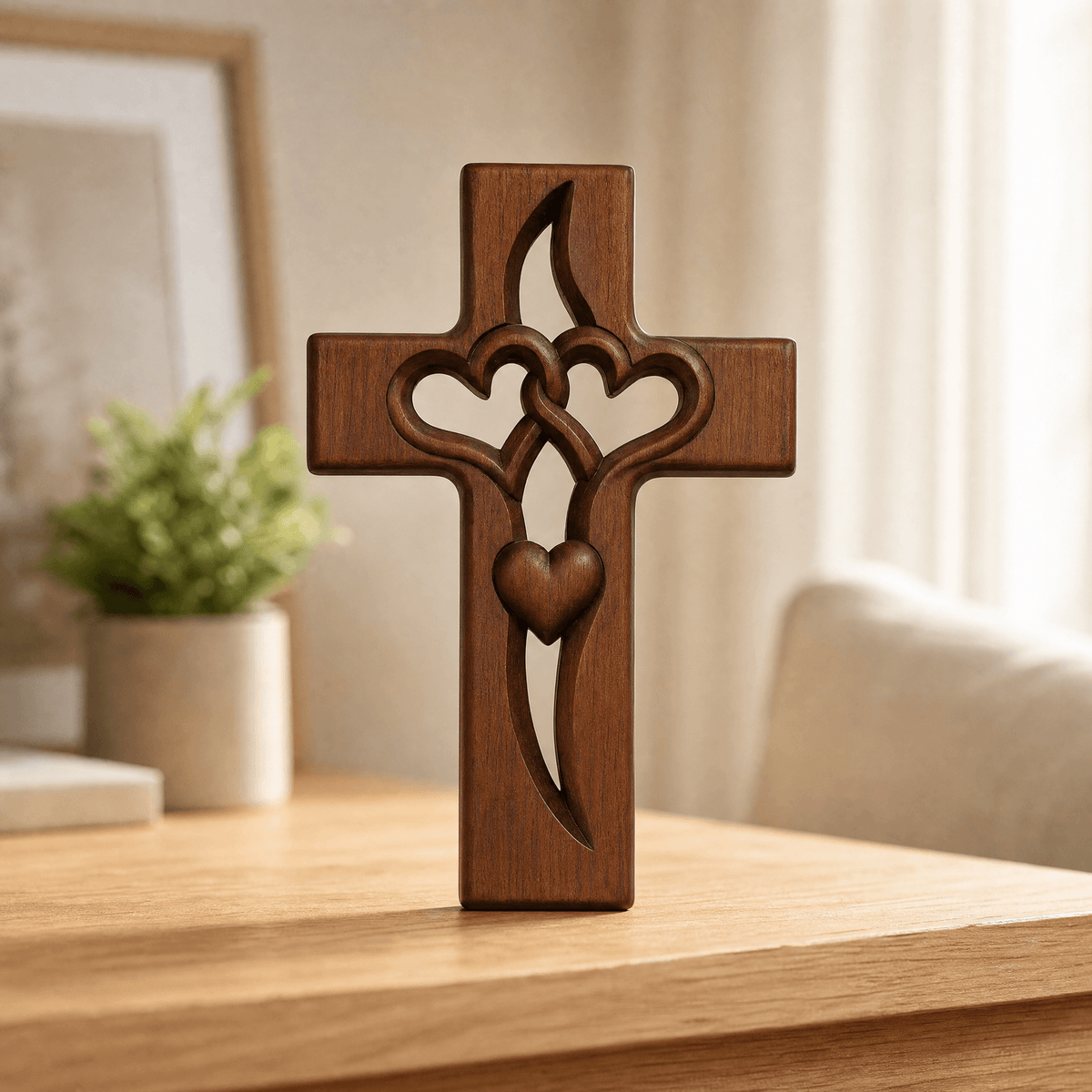 Hartvormig Kruis Wanddecoratie Hout - Handgemaakte Religieuze Wandversiering met Vervlochten Harten - Geloof & Liefde Symbool voor Entree Slaapkamer Woonkamer