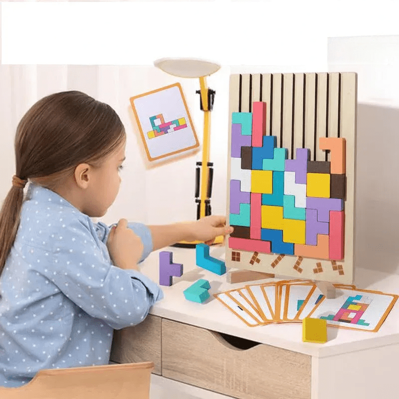 Houten 3D Puzzelspel voor Kinderen - Creatief Tetris Stapelspel met Geometrische Blokken - Ruimtelijk Inzicht & Handcoördinatie