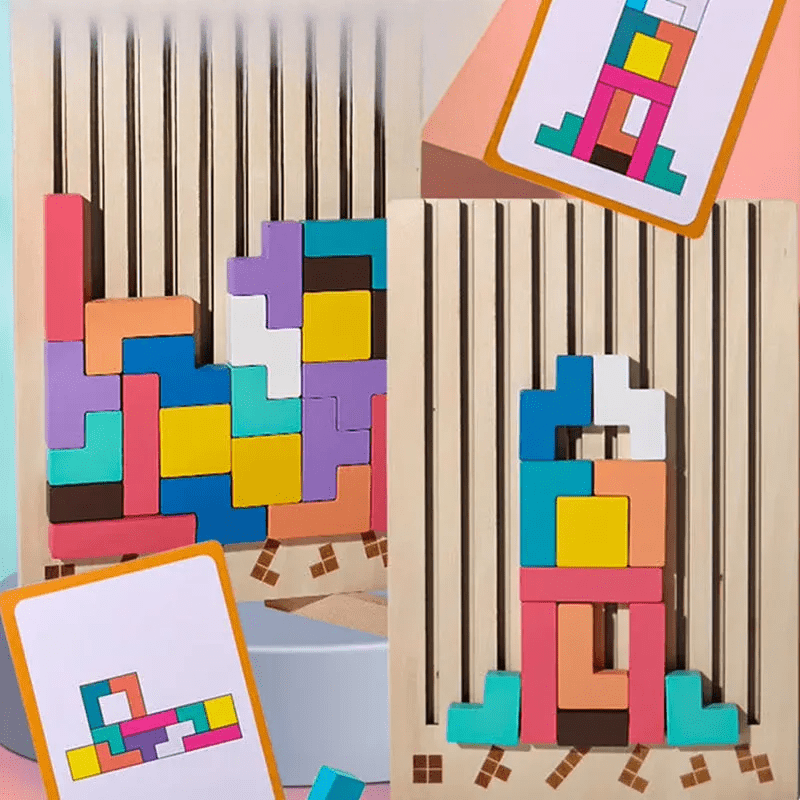 Houten 3D Puzzelspel voor Kinderen - Creatief Tetris Stapelspel met Geometrische Blokken - Ruimtelijk Inzicht & Handcoördinatie