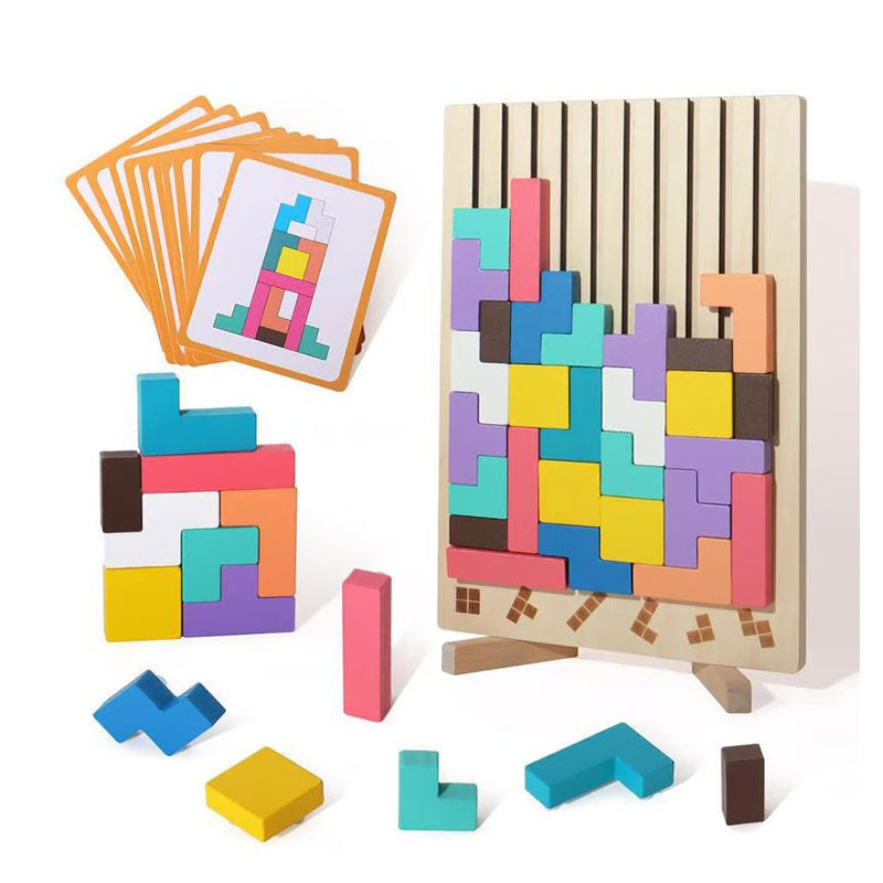 Houten 3D Puzzelspel voor Kinderen - Creatief Tetris Stapelspel met Geometrische Blokken - Ruimtelijk Inzicht & Handcoördinatie