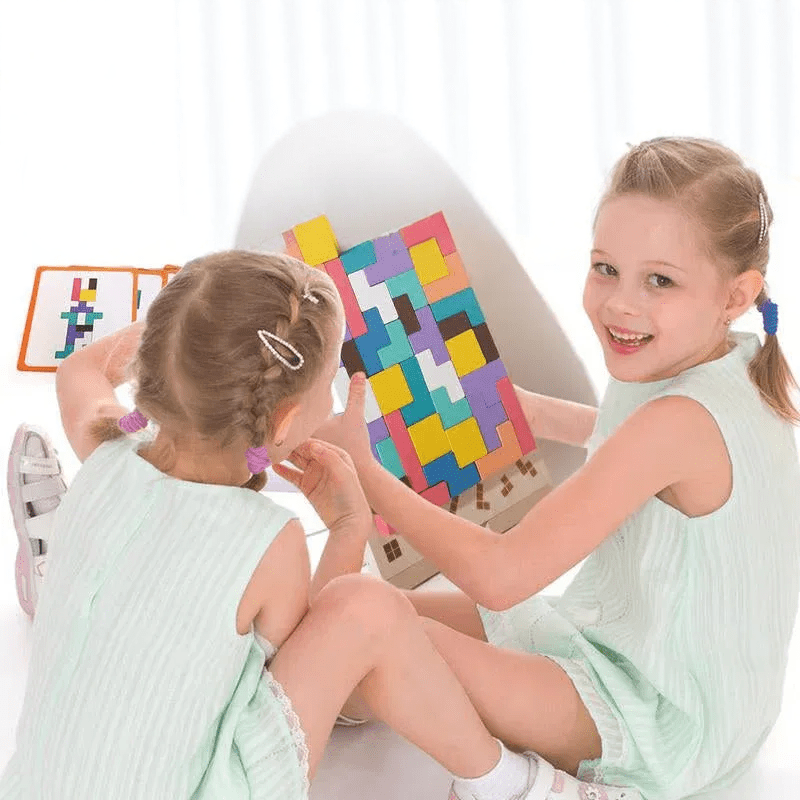 Houten 3D Puzzelspel voor Kinderen - Creatief Tetris Stapelspel met Geometrische Blokken - Ruimtelijk Inzicht & Handcoördinatie