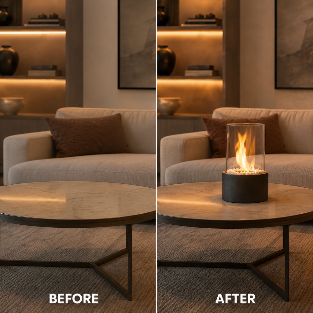 Tafel Vuurkorf Cilinder Glas Marmer Bioethanol Binnen Buiten Terras Eetkamer Hygge Sfeerverlichting Sfeerhaard