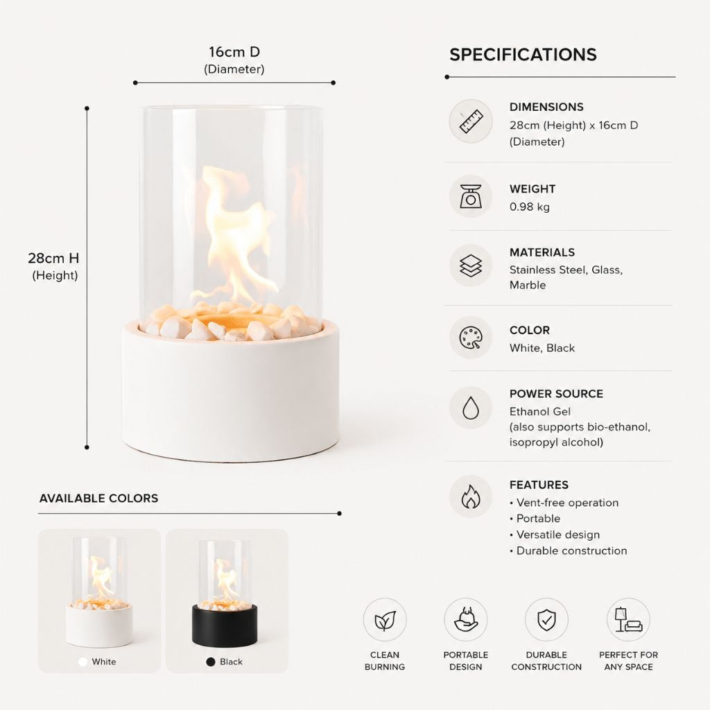Tafel Vuurkorf Cilinder Glas Marmer Bioethanol Binnen Buiten Terras Eetkamer Hygge Sfeerverlichting Sfeerhaard