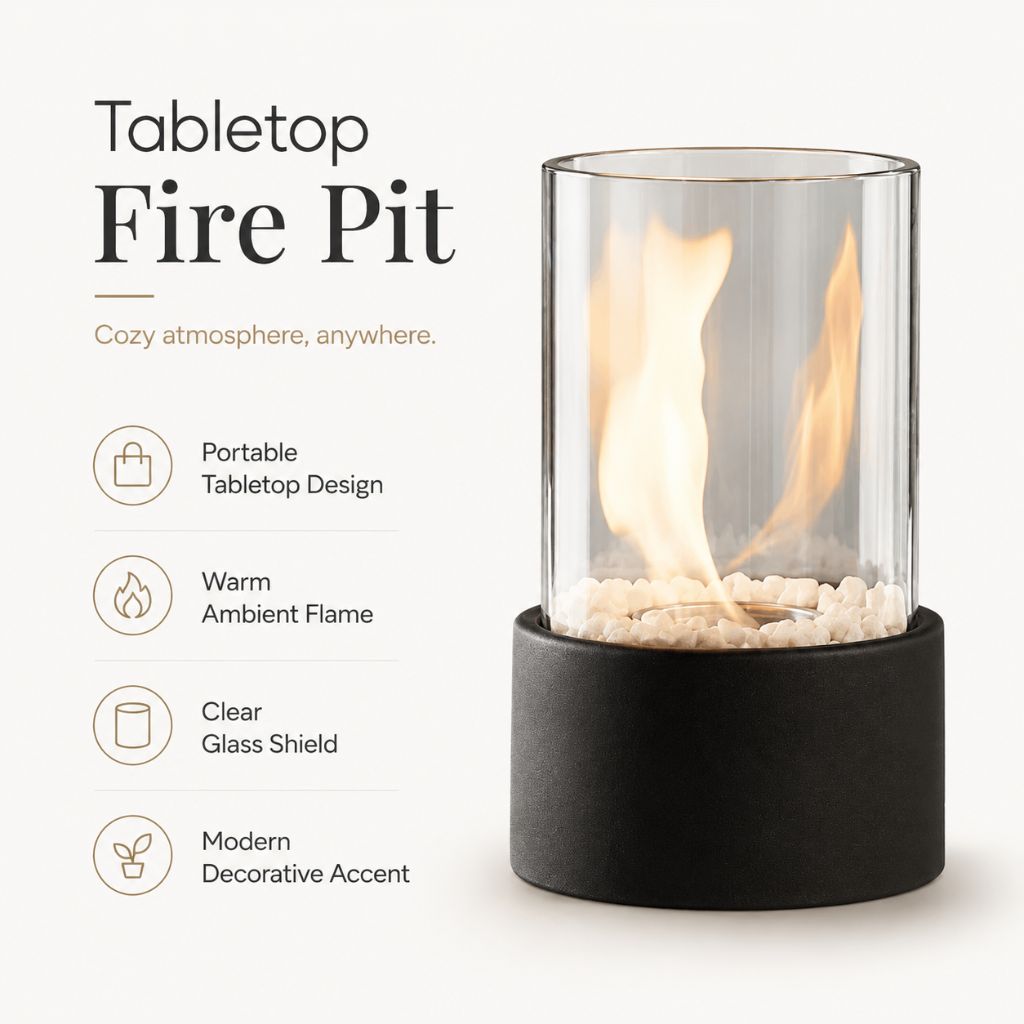 Tafel Vuurkorf Cilinder Glas Marmer Bioethanol Binnen Buiten Terras Eetkamer Hygge Sfeerverlichting Sfeerhaard