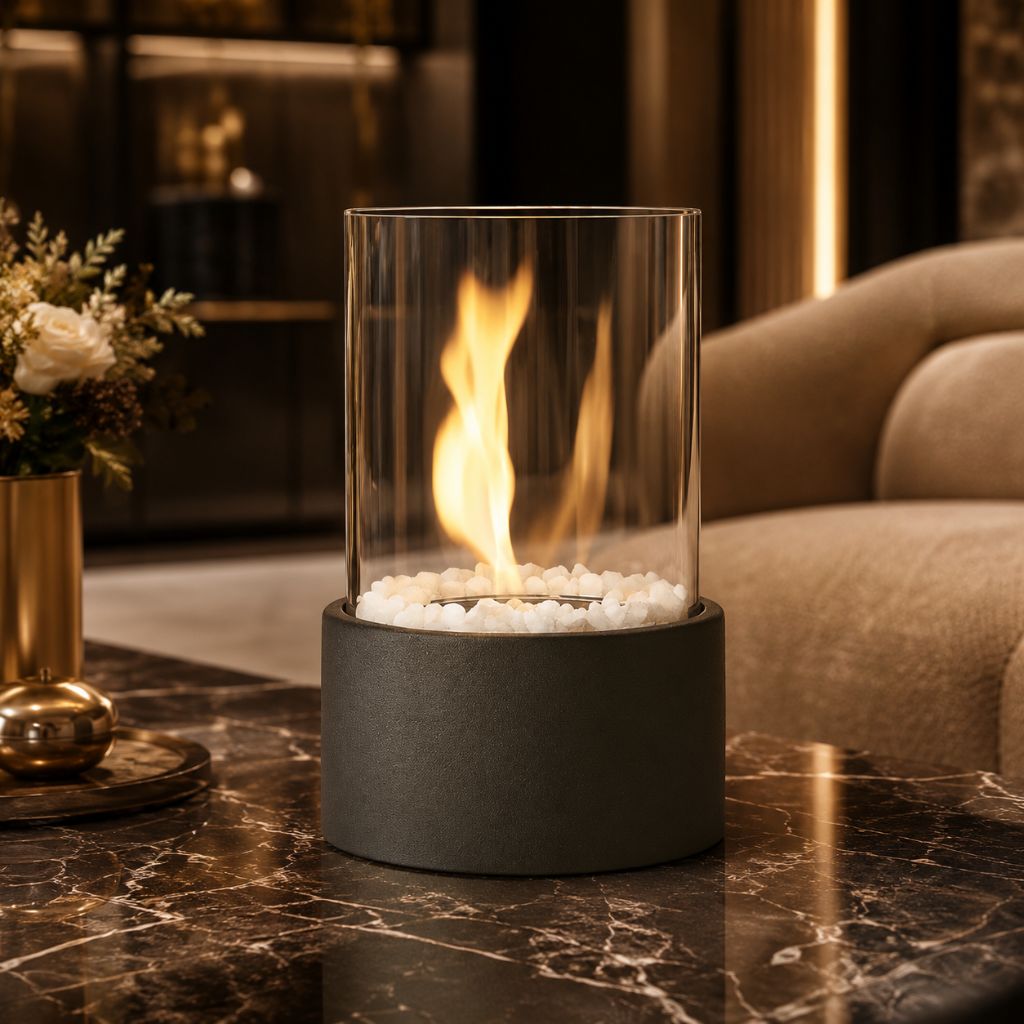 Tafel Vuurkorf Cilinder Glas Marmer Bioethanol Binnen Buiten Terras Eetkamer Hygge Sfeerverlichting Sfeerhaard