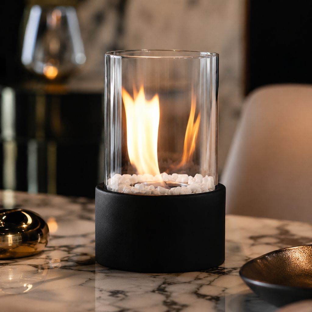 Tafel Vuurkorf Cilinder Glas Marmer Bioethanol Binnen Buiten Terras Eetkamer Hygge Sfeerverlichting Sfeerhaard