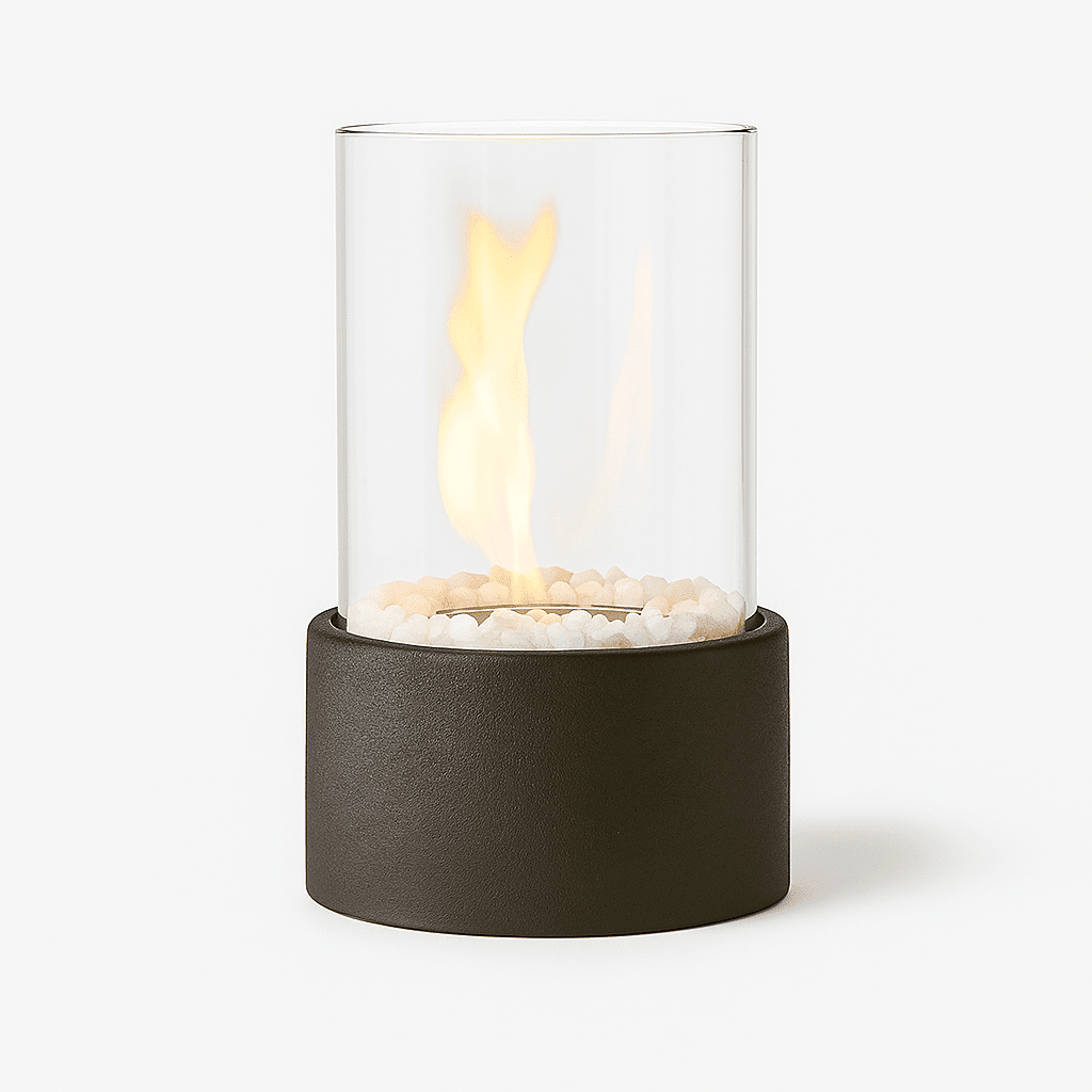 Tafel Vuurkorf Cilinder Glas Marmer Bioethanol Binnen Buiten Terras Eetkamer Hygge Sfeerverlichting Sfeerhaard