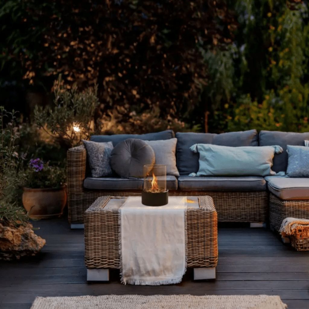 Tafel Vuurkorf Cilinder Glas Marmer Bioethanol Binnen Buiten Terras Eetkamer Hygge Sfeerverlichting Sfeerhaard
