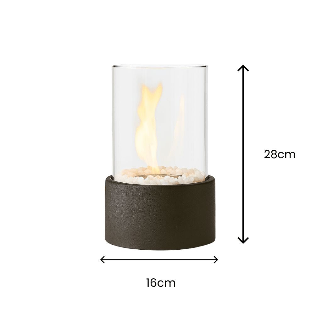 Tafel Vuurkorf Cilinder Glas Marmer Bioethanol Binnen Buiten Terras Eetkamer Hygge Sfeerverlichting Sfeerhaard