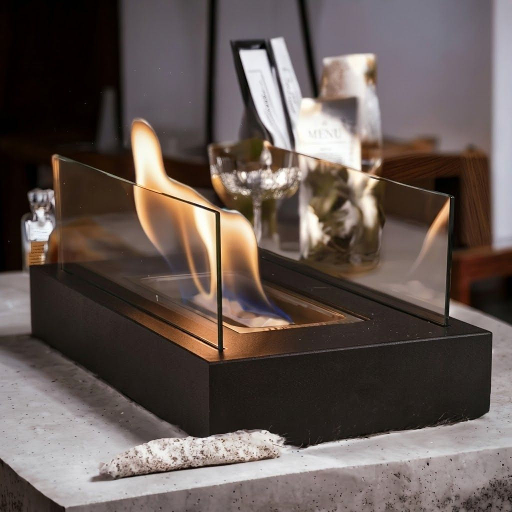 Tafel Vuurkorf Rechthoekig Gehard Glas Bio-Ethanol Sfeerverwarming Binnen Buiten Draagbaar Modern Design