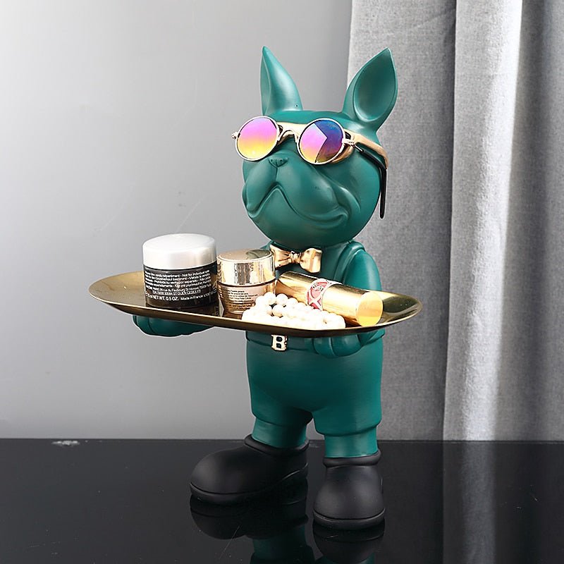 Franse Bulldog Butler Sculptuur met Dienblad - Decoratieve Hondenfiguur in Loungende of Staande Pose - Speelse Hondenliefhebber Woonaccessoire