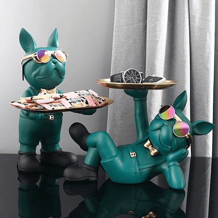Franse Bulldog Butler Decoratief Beeld Staand Zwart Groen Hars Woonkamer Decoratieve Hondenfiguur Interieur