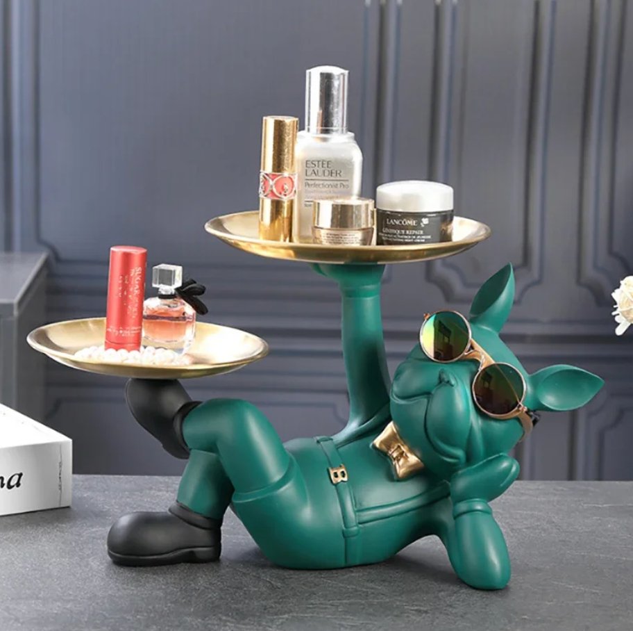 Franse Bulldog Butler Sculptuur met Dienblad - Decoratieve Hondenfiguur in Loungende of Staande Pose - Speelse Hondenliefhebber Woonaccessoire