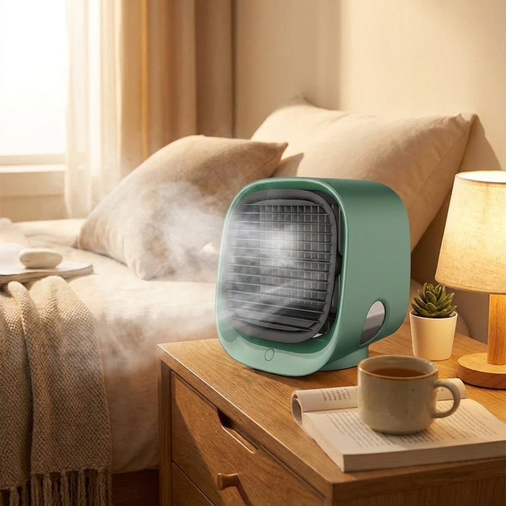 Compacte airco met luchtkoeler en luchtbevochtiger voor slaapkamer en kantoor via usb