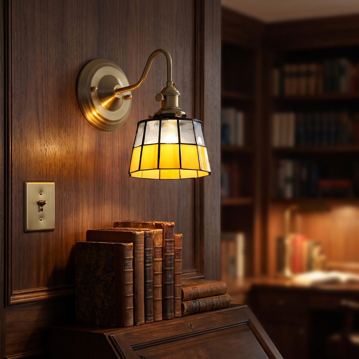Koperen Wandlamp Studeerkamer E27 Gekleurd Glas 24-28 cm Hoog Art Deco Binnen Bibliotheek