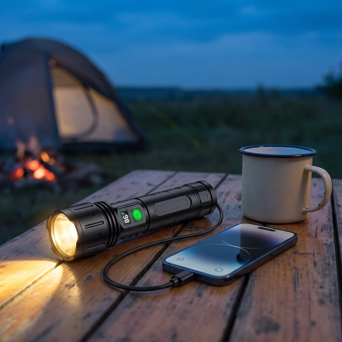 Zaklamp met Powerbank Functie USB-C 5000 mAh 20 Uur Brandtijd LCD Display Camping IPX5