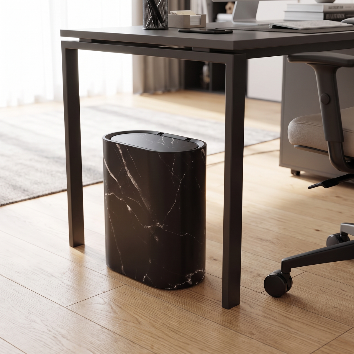 Prullenbak Bureau met Deksel Compact 29x29x14,5 cm Ovaal Marmerlook Kantoor Slaapkamer
