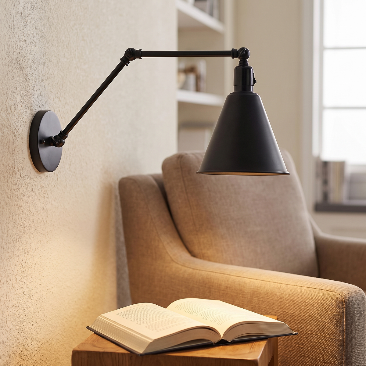 Wandlamp Leeshoek met Verstelbare Dubbele Arm Kegelvormige Metalen Kap 13 tot 23 cm E27 Wit Zwart Messing
