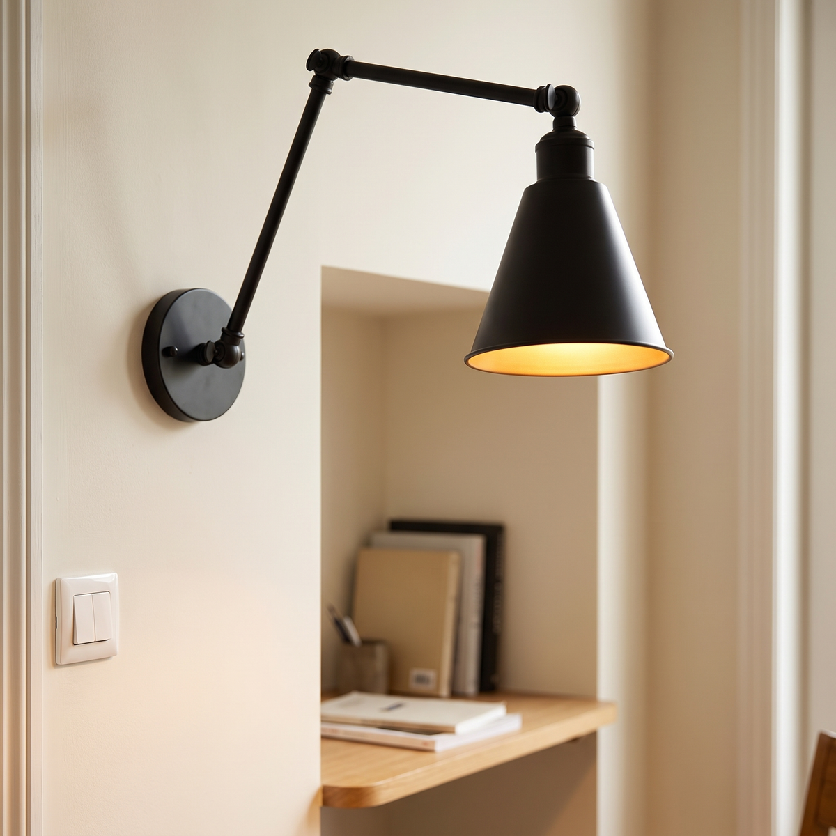 Wandlamp Zwenkarm Zwart 30+30 cm Gesmeed Metaal Kegelkap Hoogte 25 tot 35 cm E27 Fitting Vaste Bedrading