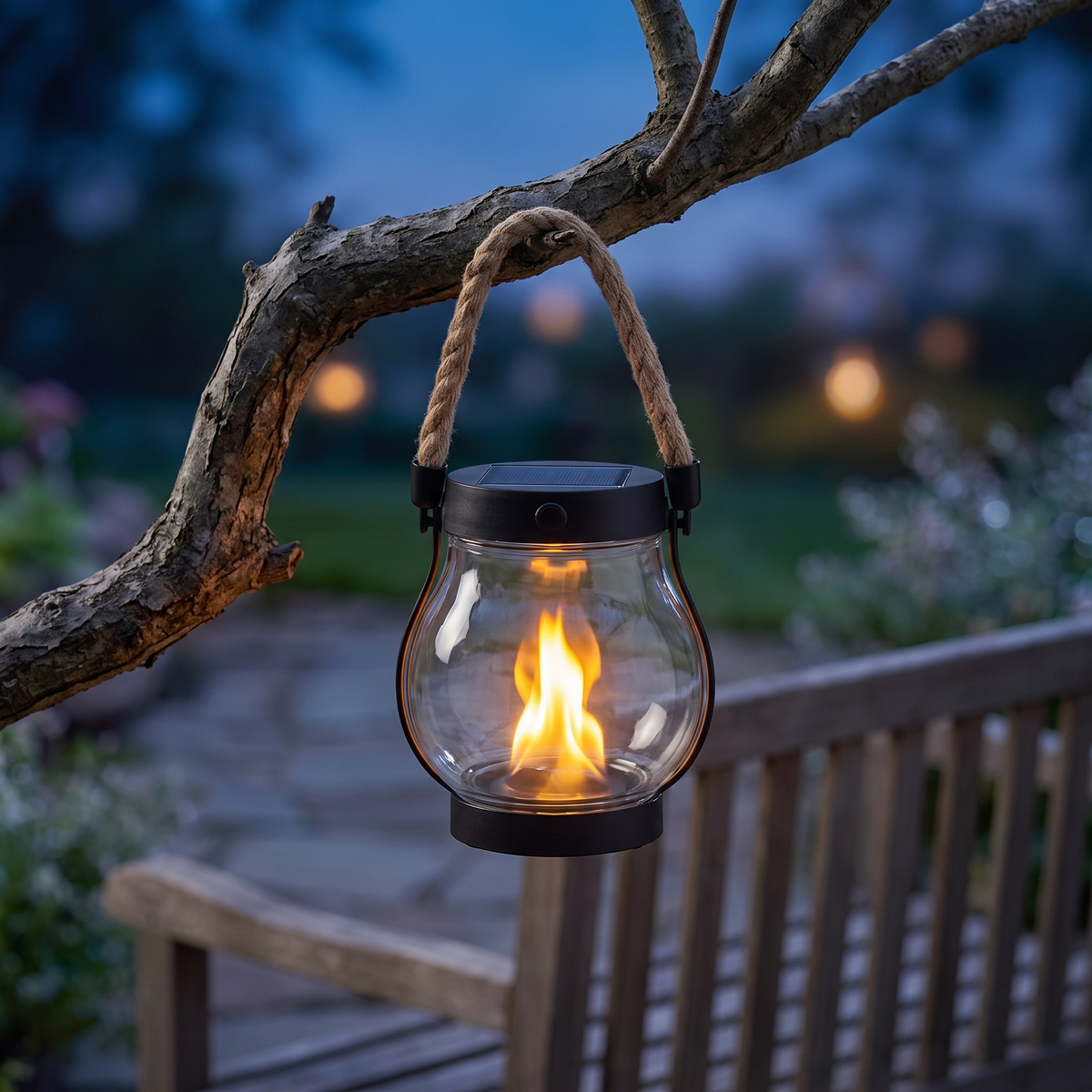 Solar Hanglantaarn Tuin Henneptouw Handvat 12 cm Diameter Zonnepaneel 0,88W Tot 12 Uur Brandtijd Weerbestendig
