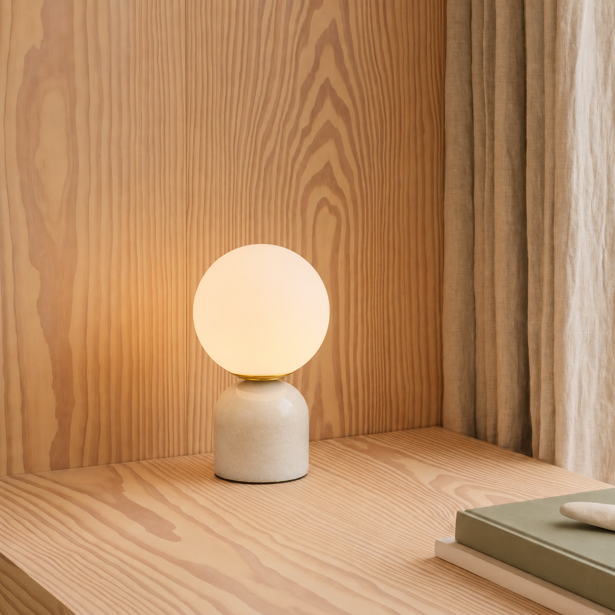 Tafellamp met Marmeren Voet en Matglazen Bol - Warm Wit LED 3000K - Scandinavisch Design voor Nachtkastje