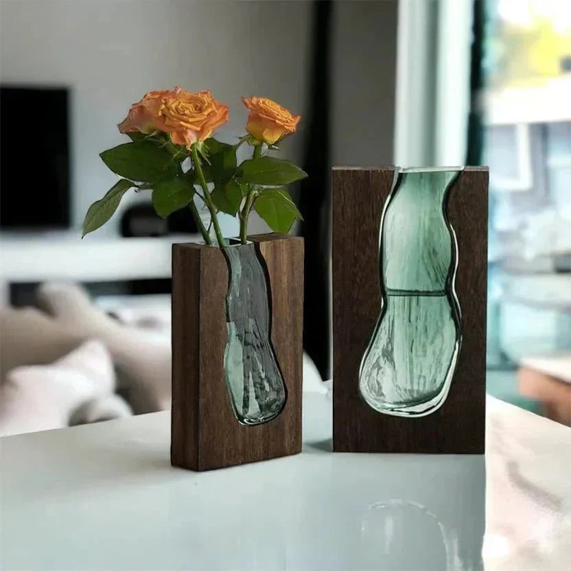 Houten Vaas Met Glazen Inzet Voor Bloemen En Woondecoratie
