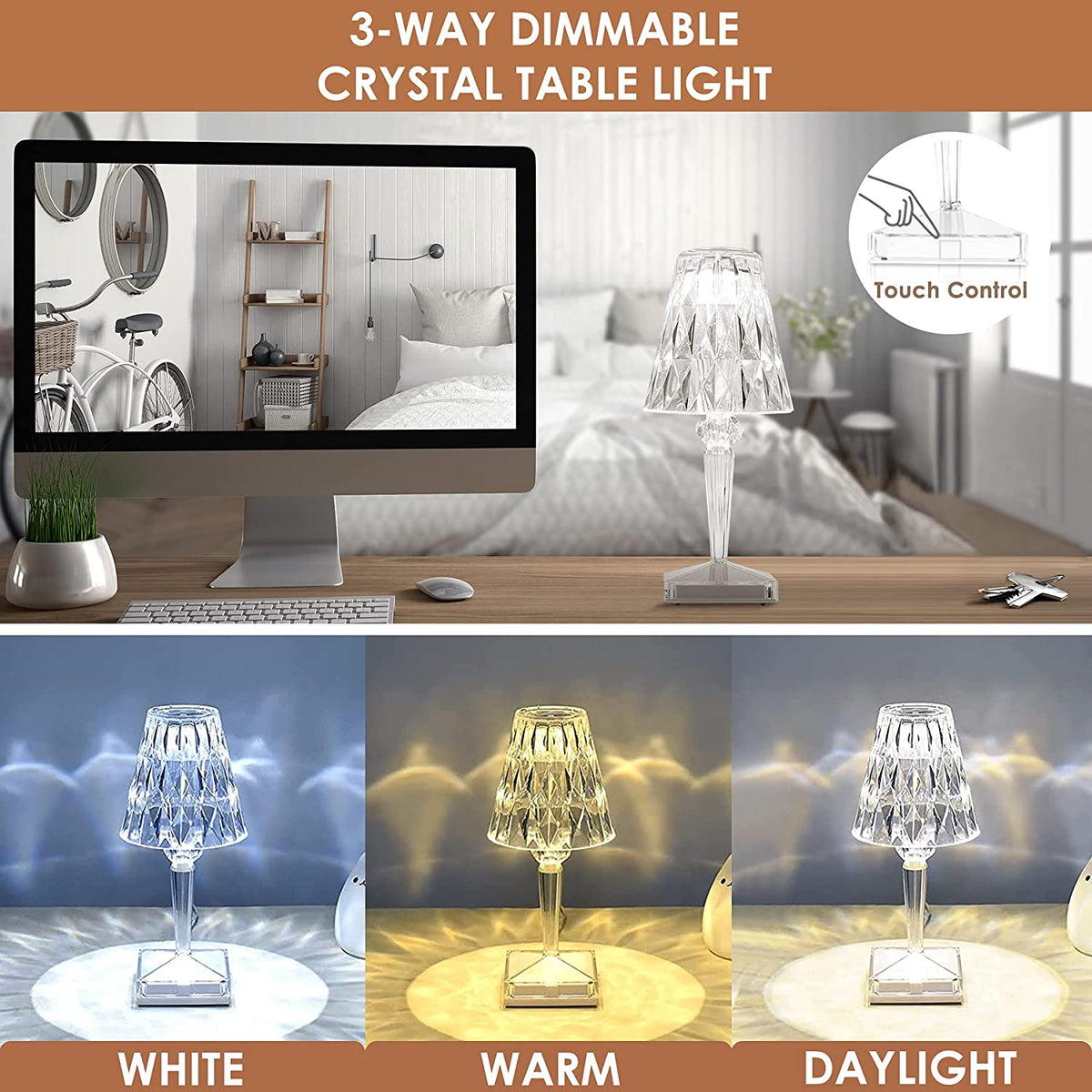 LED Kristal Tafellamp - Draadloze Touch Lamp met Diamant Design & Sfeerverlichting