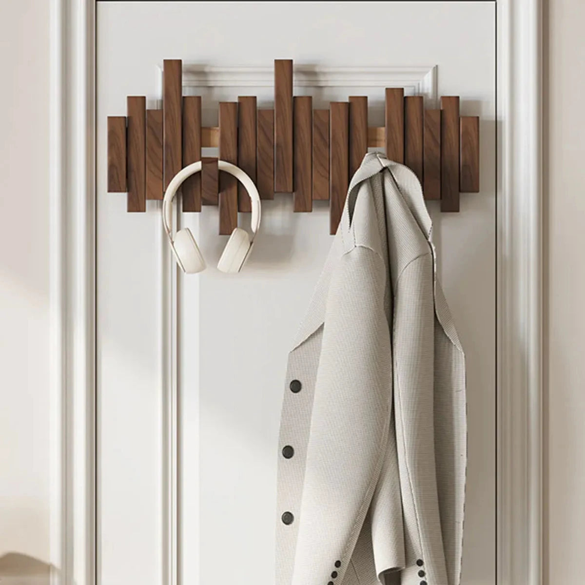 Houten Wandkapstok 60cm met 5 Haken Walnoot of Beuken - Minimalistisch Design voor Hal en Gang - Ruimtebesparend Natuurhout Jassenhaken voor Jassen Tassen Hoeden - Scandinavische Wandmontage Kapstok