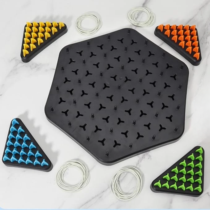 Strategisch Driehoekspel - Elastiekenpuzzel met Houten Pinnen voor Concentratie en Tactisch Denken