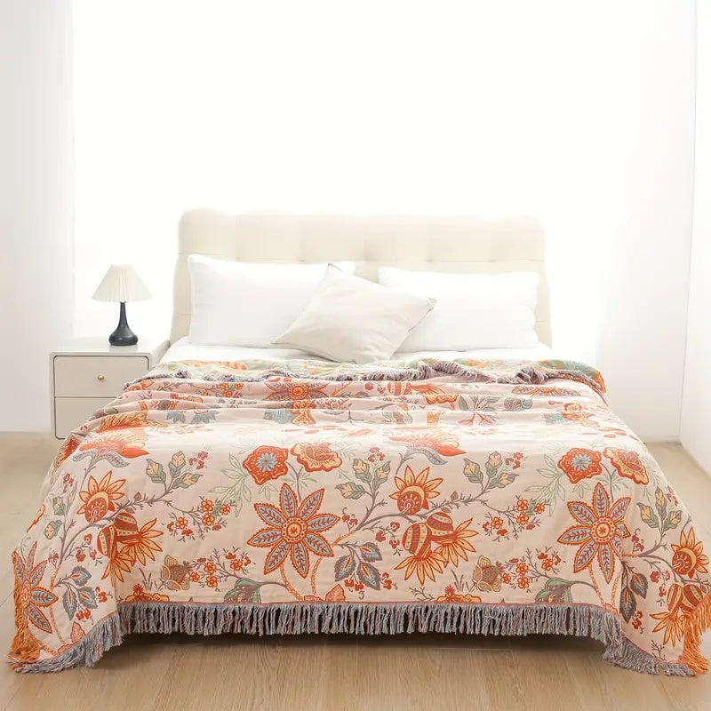Bedsprei 230x250 cm Katoen Boho Bloemenmotief Franjes Tweepersoons Sprei Oranje Blauw Crème