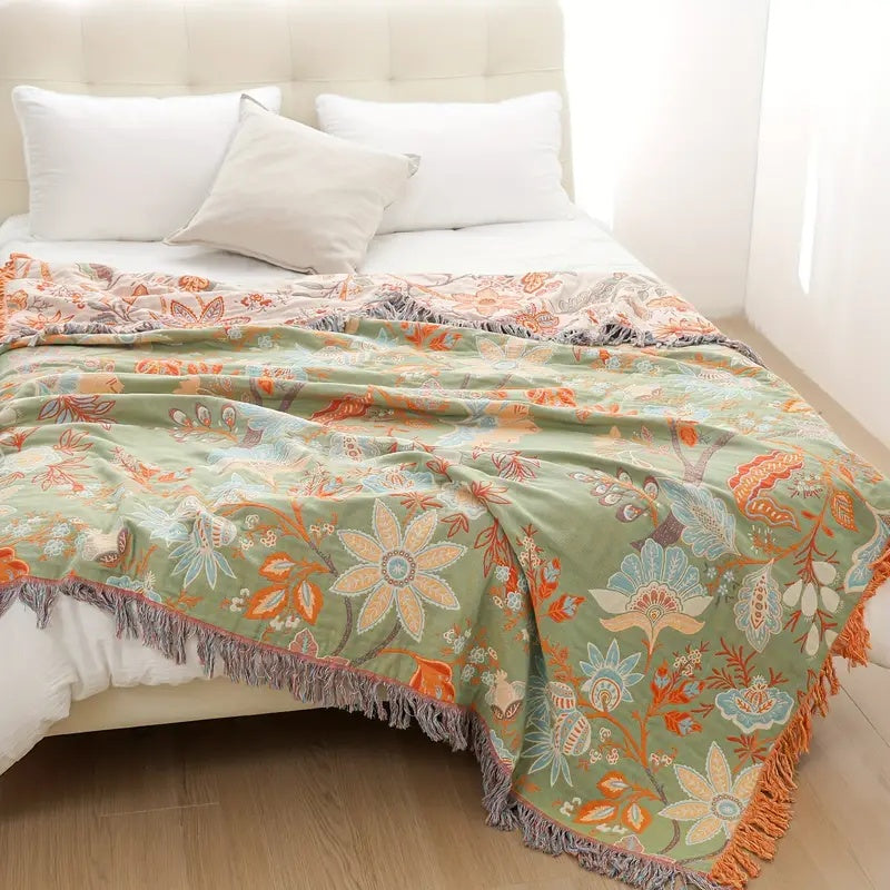 Bedsprei 230x250 cm Katoen Boho Bloemenmotief Franjes Tweepersoons Sprei Oranje Blauw Crème