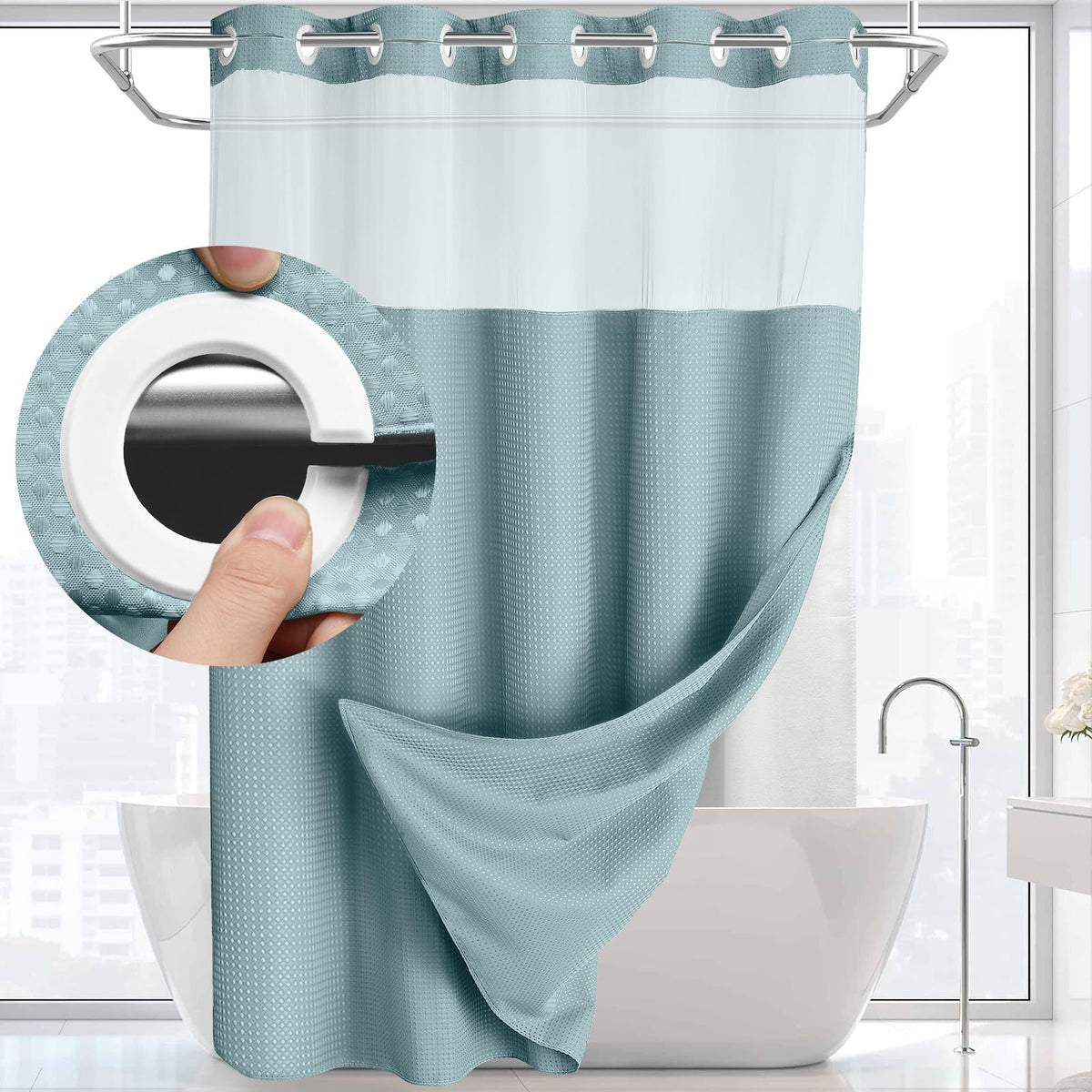 Douchegordijn zonder Ringen met Ingebouwde Liner - Wafeldoek voor Badkamer